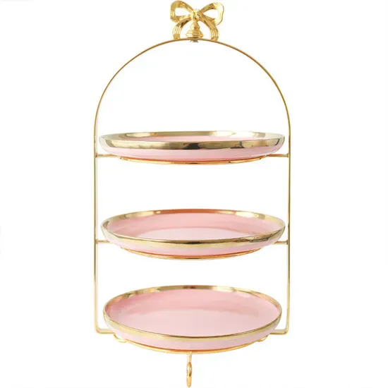 3-Tier Emerald and Pink Ceramic Serving Tray Tiered Stand with Platters for Wedding Birthday Desserts Cake Tools