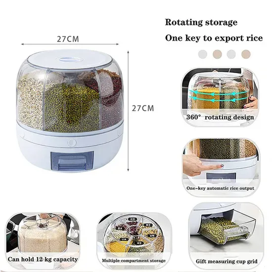 Waterproof Moisture-Proof Sealed Cereal Storage Container Box Automatic 6-Grid Rotating Rice Dispenser