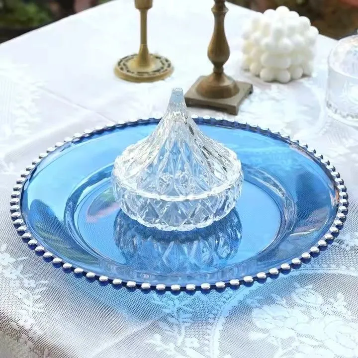 Wholesale heavyweight acrylic charger plates 13inch gold silver beaded clear plastic charger plate for wedding