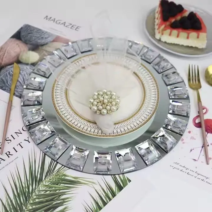 13-Inch Round Mirror Crystal Charger Dishes With Diamond Beaded Rim Silver Glass Plates for Wedding Party for Home Use