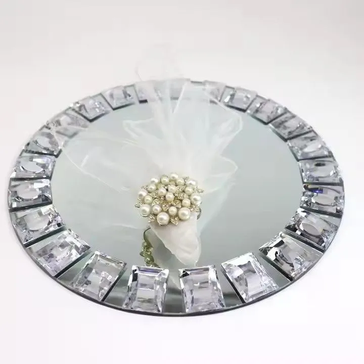 13-Inch Round Mirror Crystal Charger Dishes With Diamond Beaded Rim Silver Glass Plates for Wedding Party for Home Use