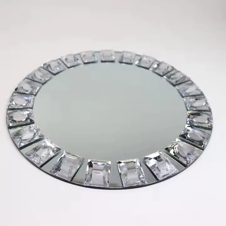 13-Inch Round Mirror Crystal Charger Dishes With Diamond Beaded Rim Silver Glass Plates for Wedding Party for Home Use