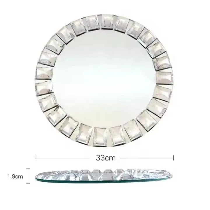 13-Inch Round Mirror Crystal Charger Dishes With Diamond Beaded Rim Silver Glass Plates for Wedding Party for Home Use