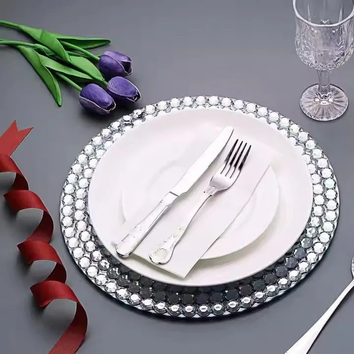 Silver Mirrored Crystal Beaded Under Plate Large Decorative Mirror Glass Service Charger Plate for Wedding Party