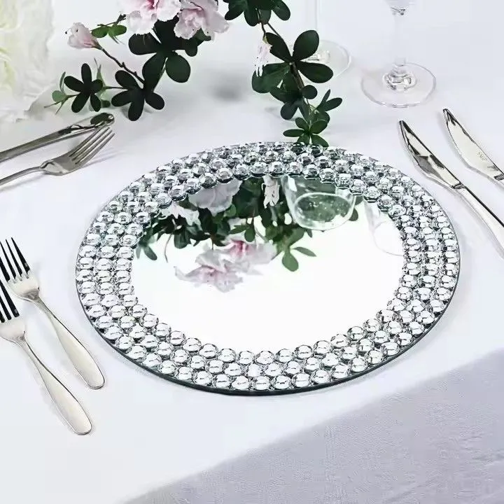Silver Mirrored Crystal Beaded Under Plate Large Decorative Mirror Glass Service Charger Plate for Wedding Party