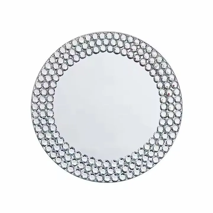 Silver Mirrored Crystal Beaded Under Plate Large Decorative Mirror Glass Service Charger Plate for Wedding Party