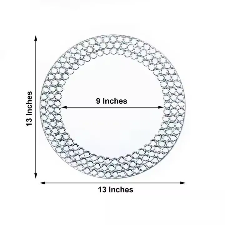 Silver Mirrored Crystal Beaded Under Plate Large Decorative Mirror Glass Service Charger Plate for Wedding Party