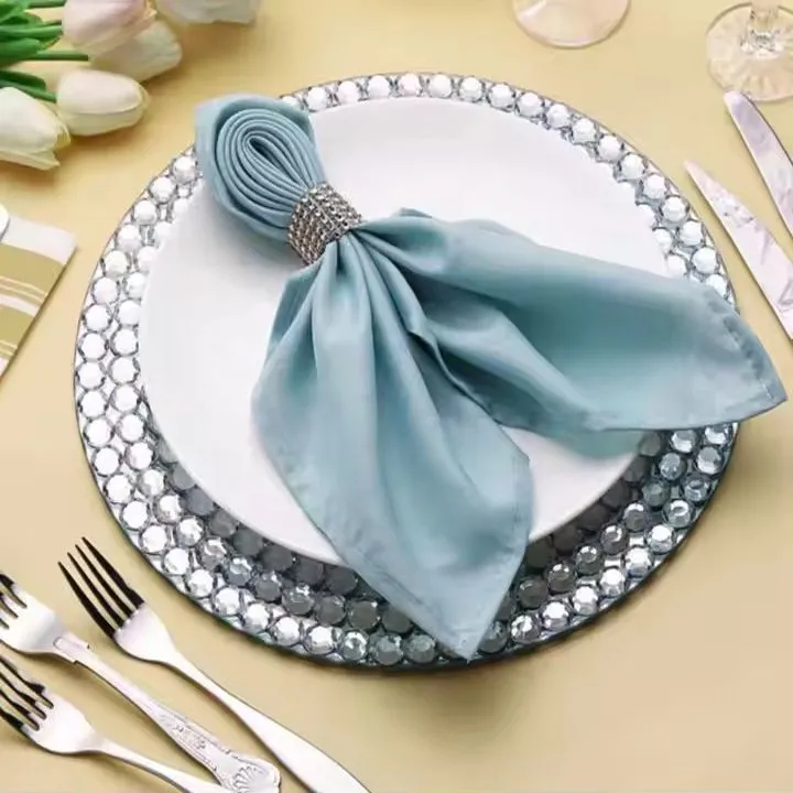 Silver Mirrored Crystal Beaded Under Plate Large Decorative Mirror Glass Service Charger Plate for Wedding Party