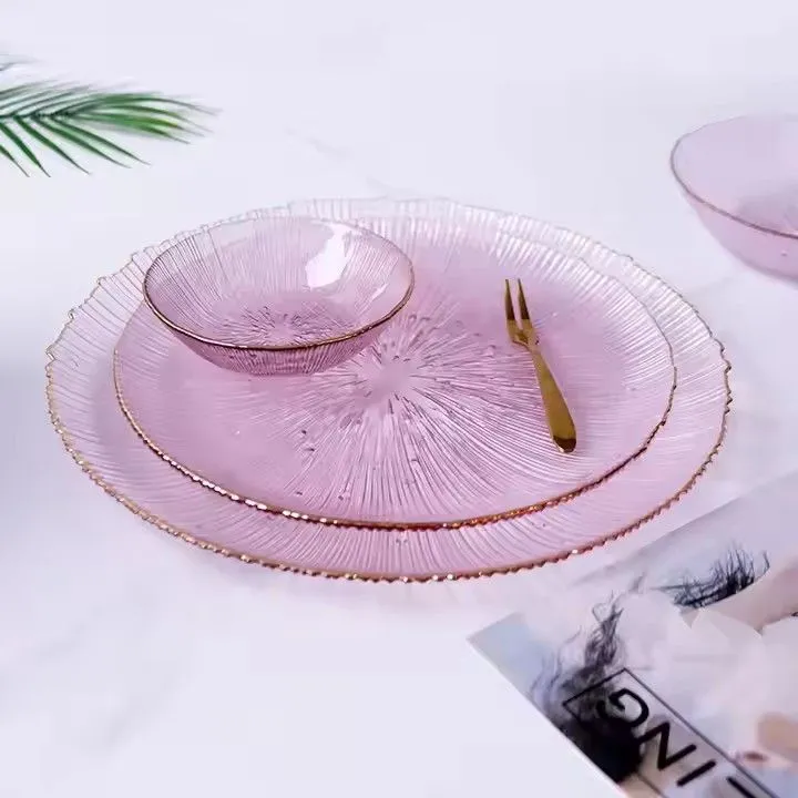 Wholesale Gold Rim Solid Color Fireworks Fruit Vegetables Salad Glass Plate