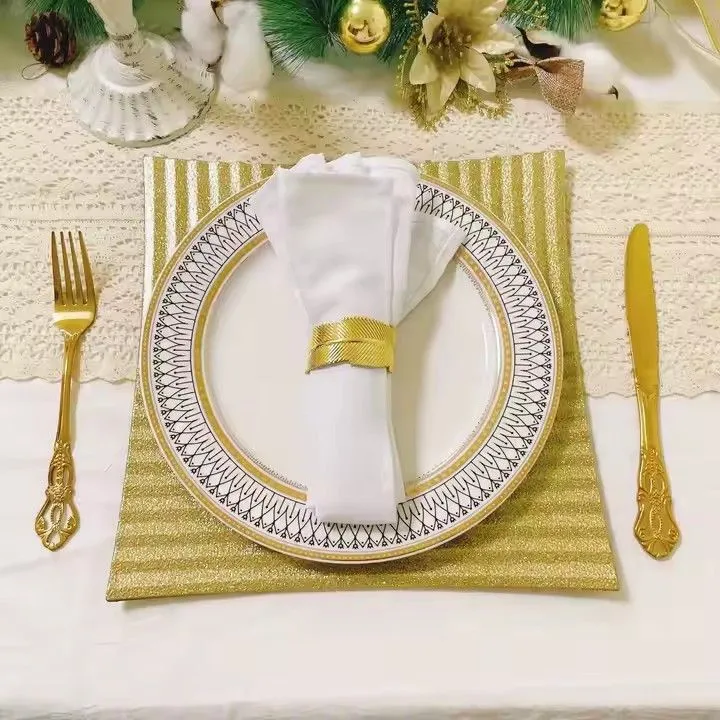 New Style Simple Gold Square Stripe Shape Plastic Plate Wedding Event Party Dining Room Charger Plate