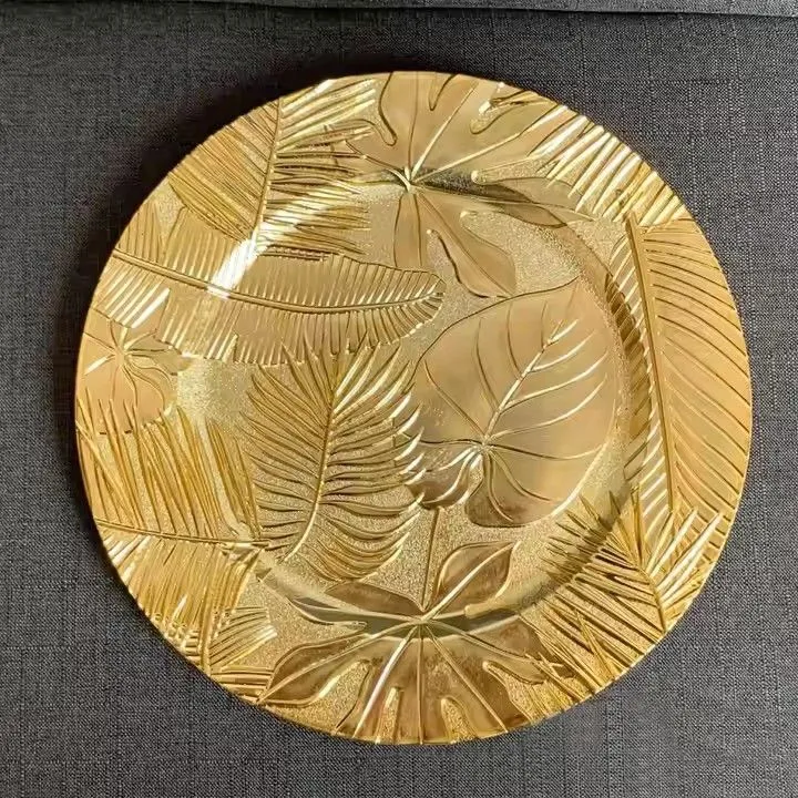 13 Inch Round Decorative Plastic Metallic Foil Leaf Charger Plates for Dinner Party Wedding Baby Shower Anniversary Thanksgiving