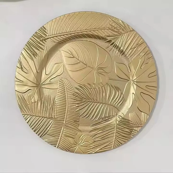 13 Inch Round Decorative Plastic Metallic Foil Leaf Charger Plates for Dinner Party Wedding Baby Shower Anniversary Thanksgiving