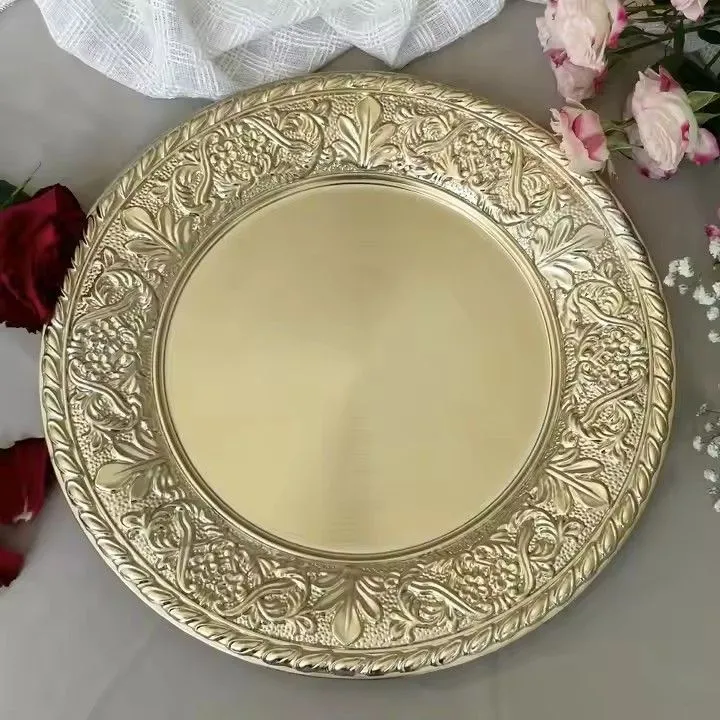 Manufacture Hotel Banquet Event Party Stackable Unbreakable Plastic Decoration Gold Charger Plates