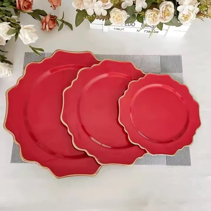 Factory New Style 13 Inch Red Plastic Plate Party Dining Room Irregular Flower Shape Charger Plate