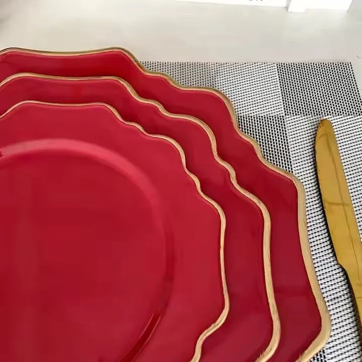 Factory New Style 13 Inch Red Plastic Plate Party Dining Room Irregular Flower Shape Charger Plate