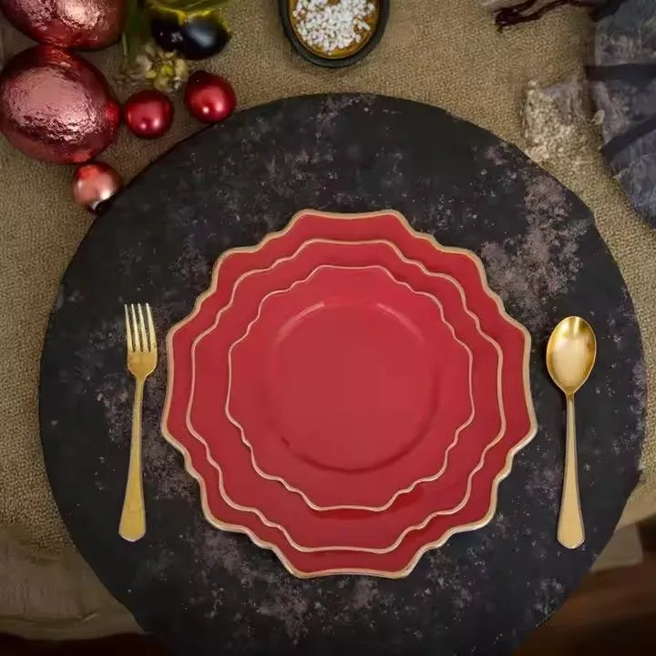 Factory New Style 13 Inch Red Plastic Plate Party Dining Room Irregular Flower Shape Charger Plate