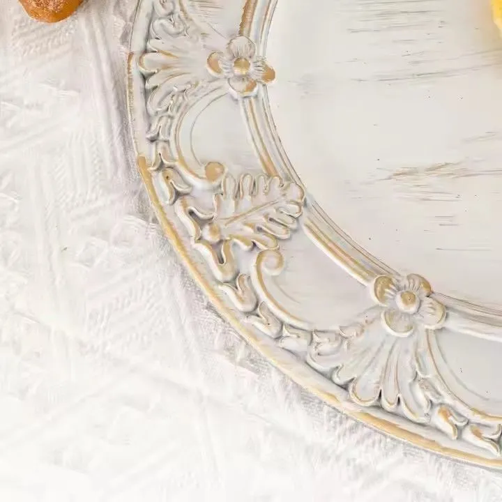 Wholesale Vintage Wash White Decor Plastic Charger Tray Wedding Banquet Table Decoration Charger Plate