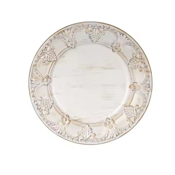 Wholesale Vintage Wash White Decor Plastic Charger Tray Wedding Banquet Table Decoration Charger Plate