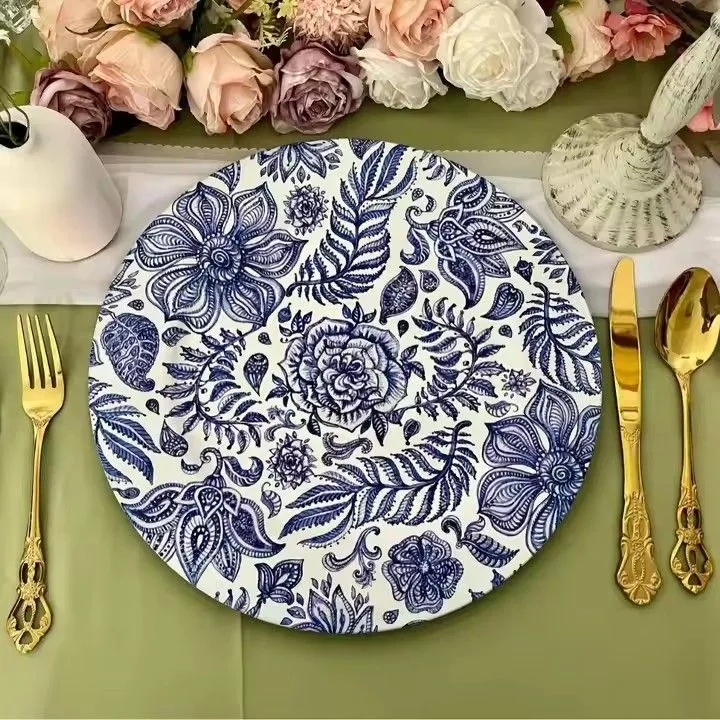 Plastic Blue-and-white Decal Serve Charge Plates Reusable Dinner Plate Plastic Plates for Wedding Party Supplies