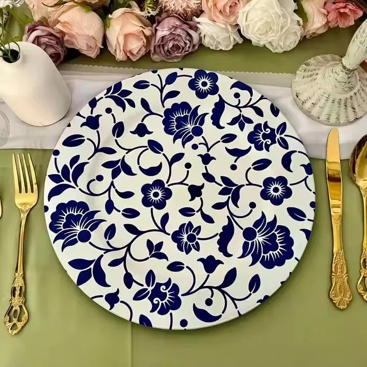 13-Inch Round Blue Dinner Plates New Traditional Chinese Design Elegant Charger Plate Set for Weddings & Dinners