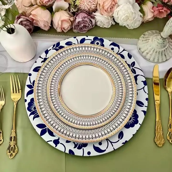 13-Inch Round Blue Dinner Plates New Traditional Chinese Design Elegant Charger Plate Set for Weddings & Dinners