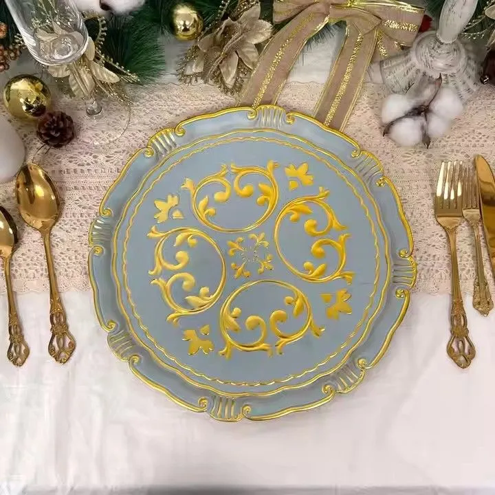 New European Style Golden Green Luxury 13 Inch Plastic Plate Wedding Event Party Dining Room Charger Plate