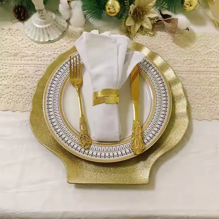 New Style Luxury Wedding Event Party Dining Room Plastic Plate Gold Shell Shape Charger Plate