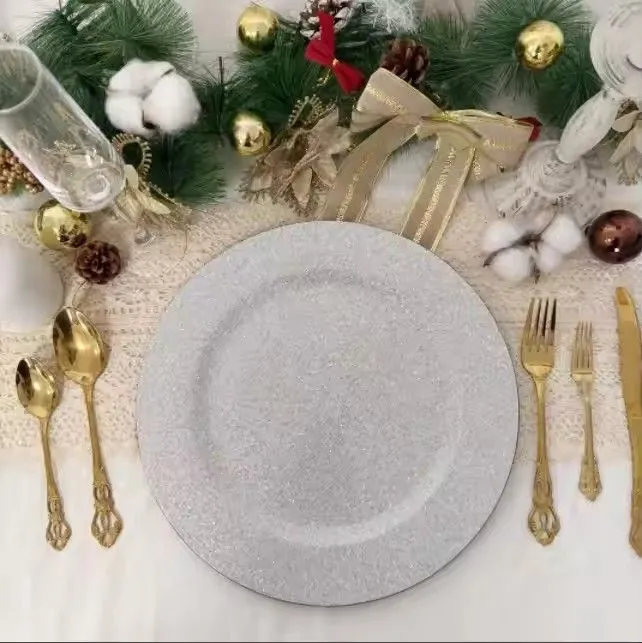 Wedding Table Decorate 13inch Plastic Shiny Sliver Charger Plate Solid Pigmented Dishes
