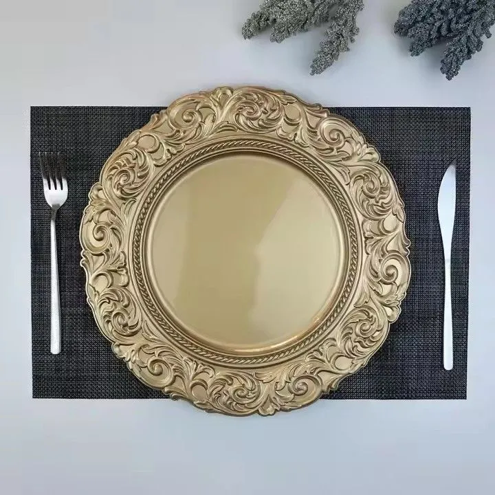 Wholesale Luxury Gold Silver Plastic Charger Plates Hotel Restaurant Wedding Decorative Plastic Plates