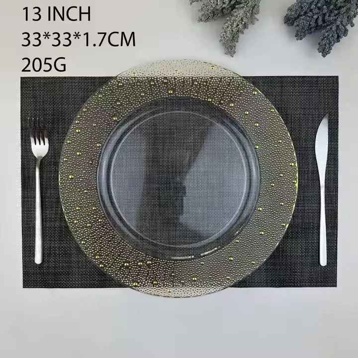 13 Inch Wooden Pattern Electroplating Silver Plastic Charger Plates for Weddings Party Table Decor