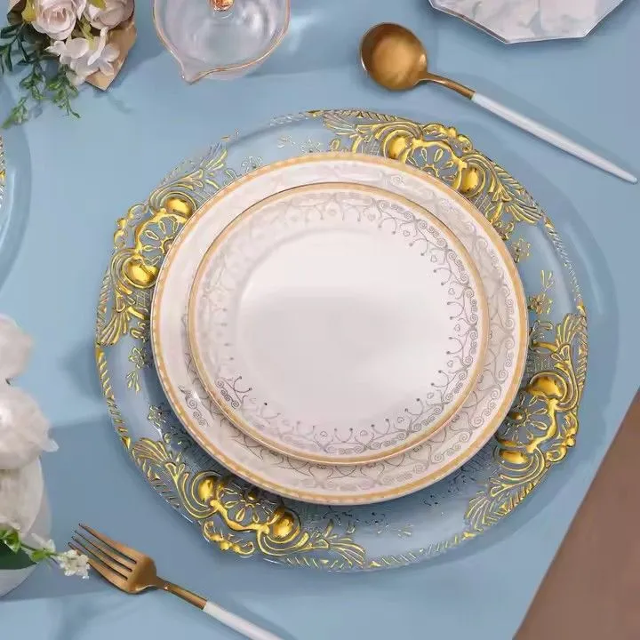 Luxury Wedding Gold Vintage Plastic Round Chargers Plates Birthday Event Table Decoration Dish Plate