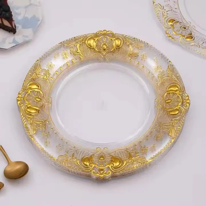 Luxury Wedding Gold Vintage Plastic Round Chargers Plates Birthday Event Table Decoration Dish Plate
