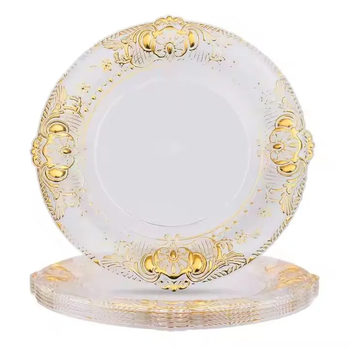 Luxury Wedding Gold Vintage Plastic Round Chargers Plates Birthday Event Table Decoration Dish Plate