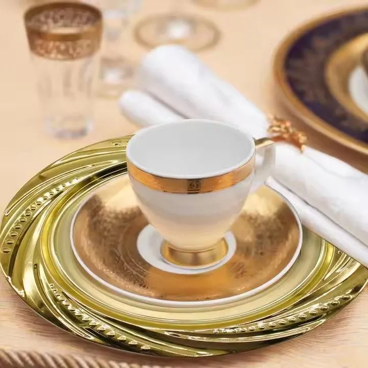 Elegant Round Plastic Antique Wide Silver Rim Wedding Dinner Charger Plates