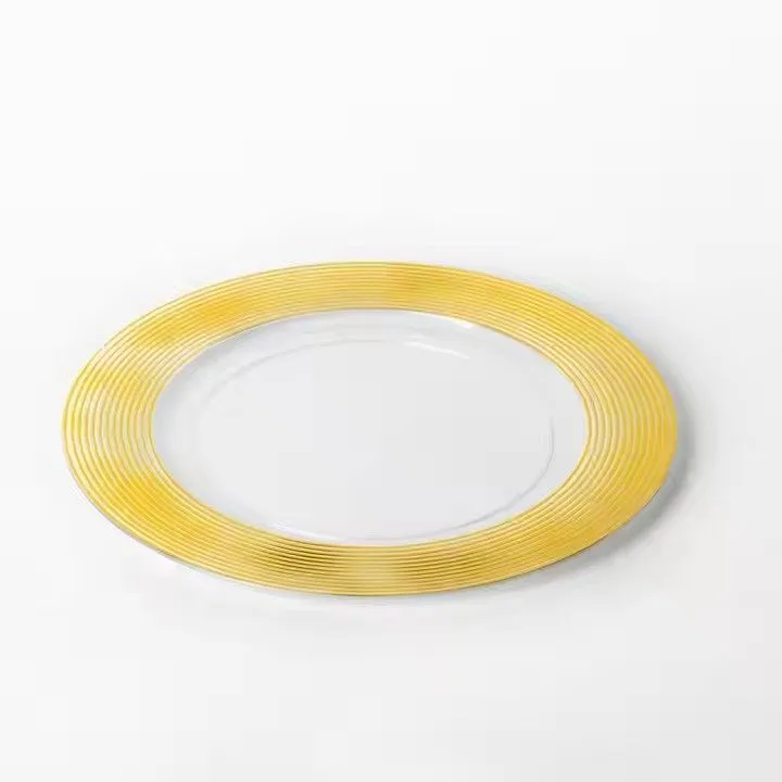 Custom Luxury 13" Golden Circle Clear Bright Gold Rim Plastic Charger Plates for Wedding Banquet Decoration