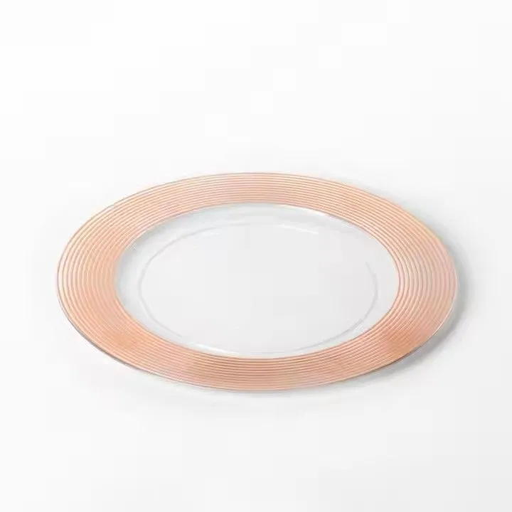 Custom Luxury 13" Golden Circle Clear Bright Gold Rim Plastic Charger Plates for Wedding Banquet Decoration
