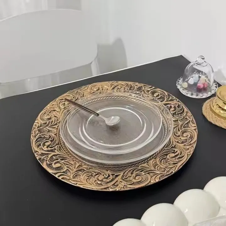 Luxury Wedding Event Decoration Elegant Retro 13" Round Gold Plastic Charger Base Plates for Party