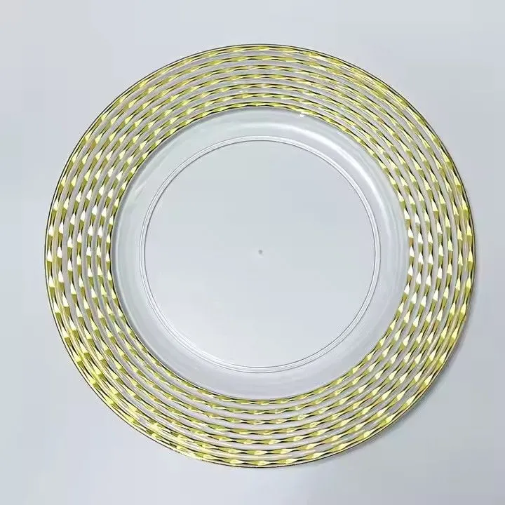 2024 New Arrival Table Decoration Plastic Round 13 Inch clear Gold Rim Charger Plates Dinner Plates for Wedding