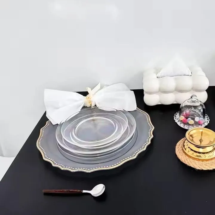 13" Plastic Charger Plates Clear With Gold Beaded Rims Decoration for Wedding Event Dishes Plates