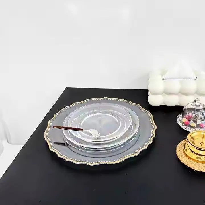 13" Plastic Charger Plates Clear With Gold Beaded Rims Decoration for Wedding Event Dishes Plates