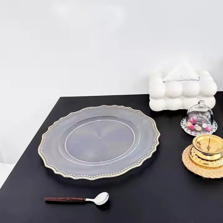13" Plastic Charger Plates Clear With Gold Beaded Rims Decoration for Wedding Event Dishes Plates