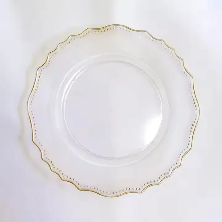 13" Plastic Charger Plates Clear With Gold Beaded Rims Decoration for Wedding Event Dishes Plates