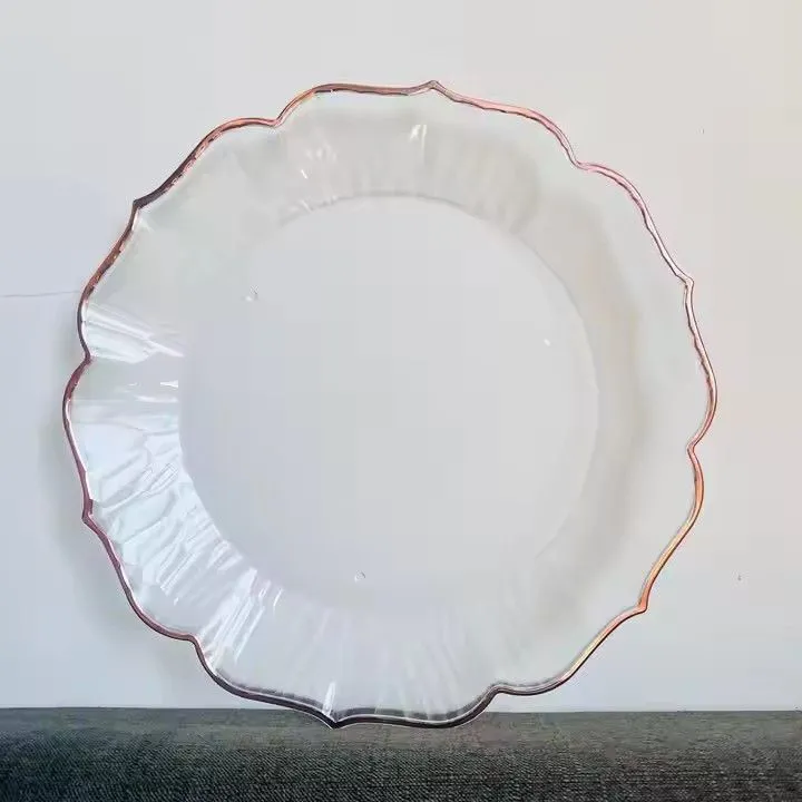 Wholesale Wedding Party Table Decoration Rainbow Blue Rose Gold Rim Plastic Charger Plates