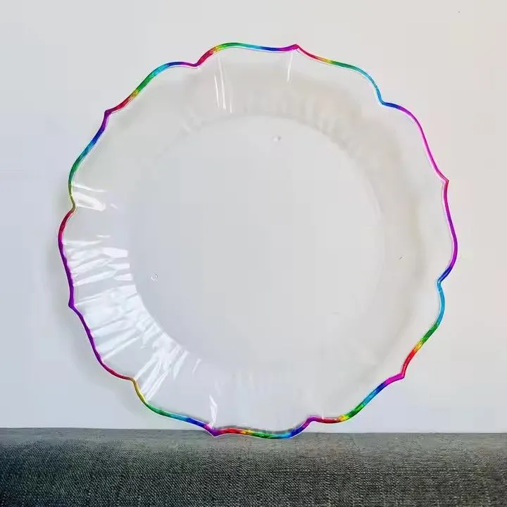Wholesale Wedding Party Table Decoration Rainbow Blue Rose Gold Rim Plastic Charger Plates