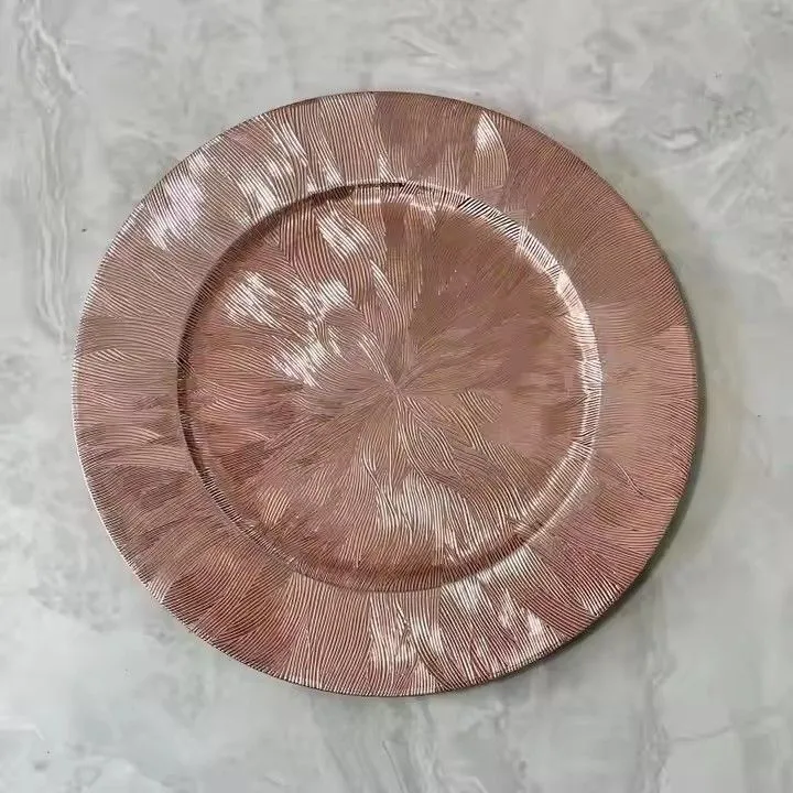 High Quality 33cm Silver Rose Gold Elegance Disposable Plastic Charger Plates for Wedding Hotel Decoration