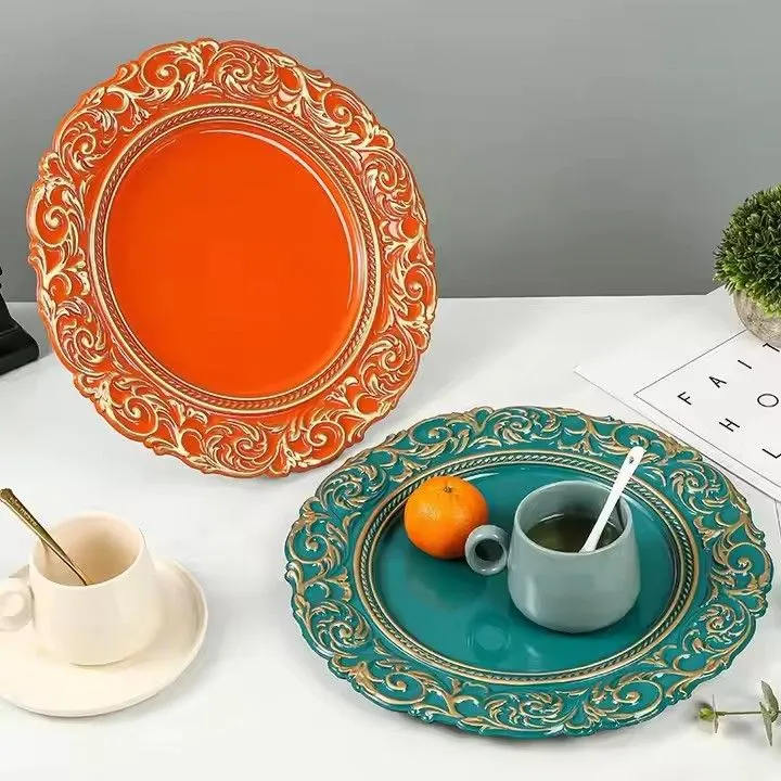 Luxury Elegant Charger Plates Plastic Wedding Custom Deco Silver Rose Gold Rim Trim Reef White Charger Plate