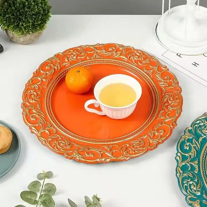 Luxury Elegant Charger Plates Plastic Wedding Custom Deco Silver Rose Gold Rim Trim Reef White Charger Plate