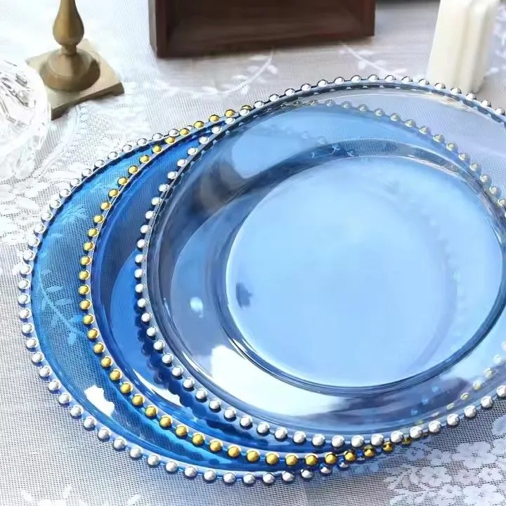 Wholesale Blue Plastic Plate Beaded Plate With Gold or Silver Beads Plastic Charger Plates