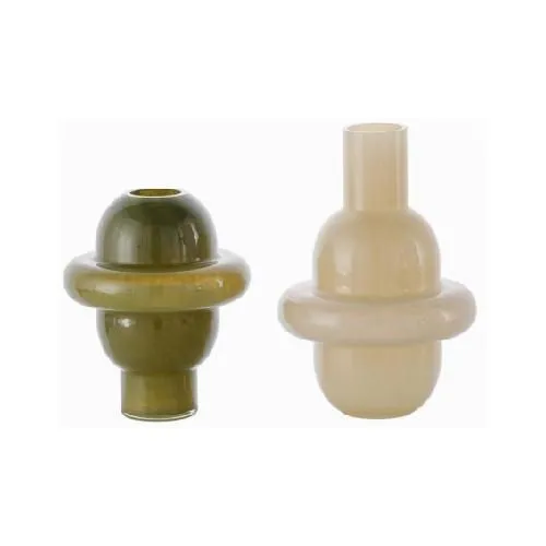 Mid-Century Modern Orbit Band Glass Vase Pair Olive Green Amber Bulbous Glazed Flower Vase