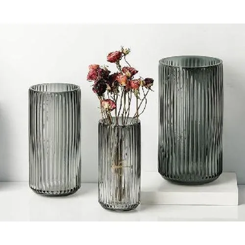 Handmade High Borosilicate Glass Vase Nordic Ribbed Cylinder Roman Vertical Stripes Design for Living Room Flower Arrangement